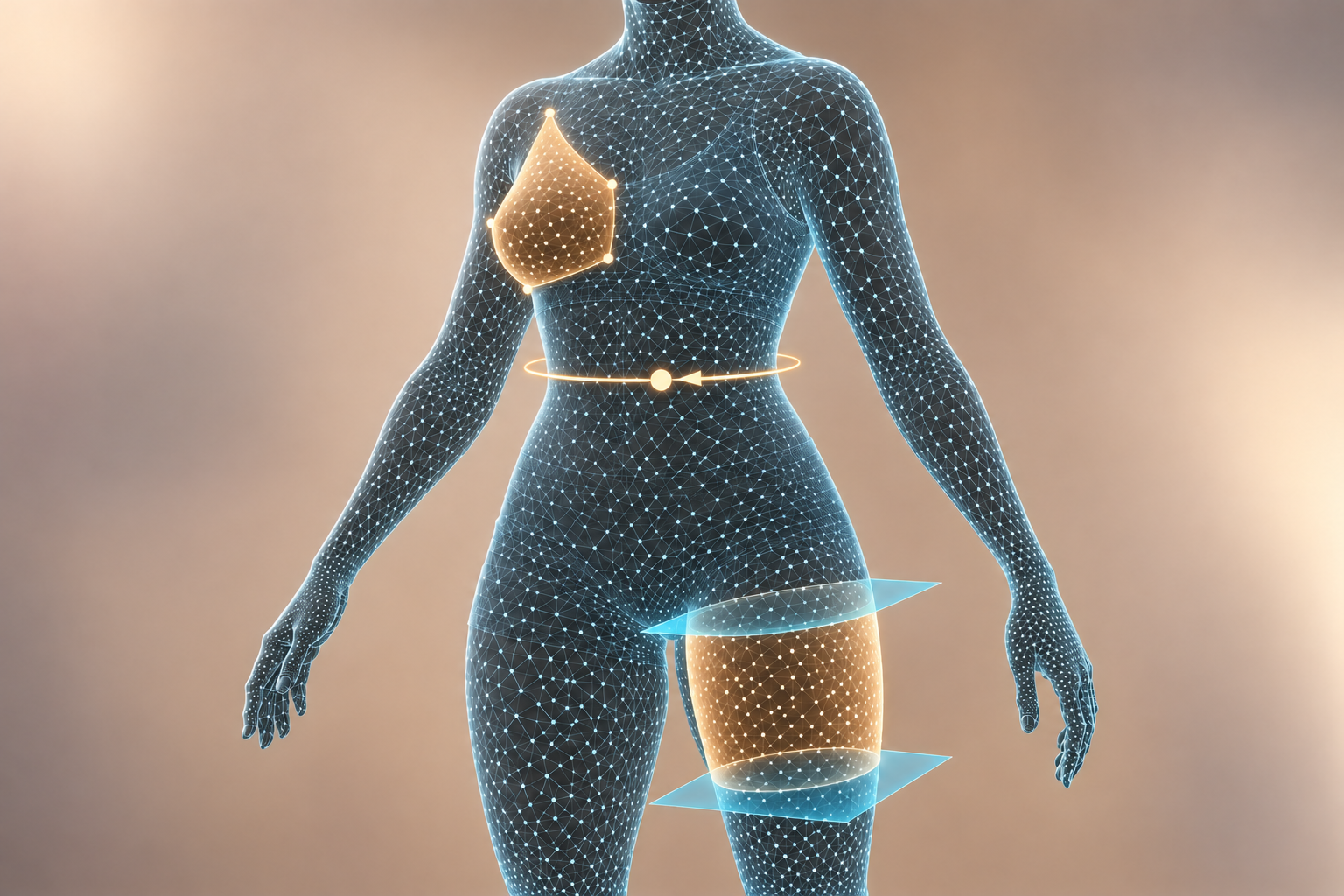 3D body-analysis illustration with a surface mesh, circumference measurements and highlighted volume regions