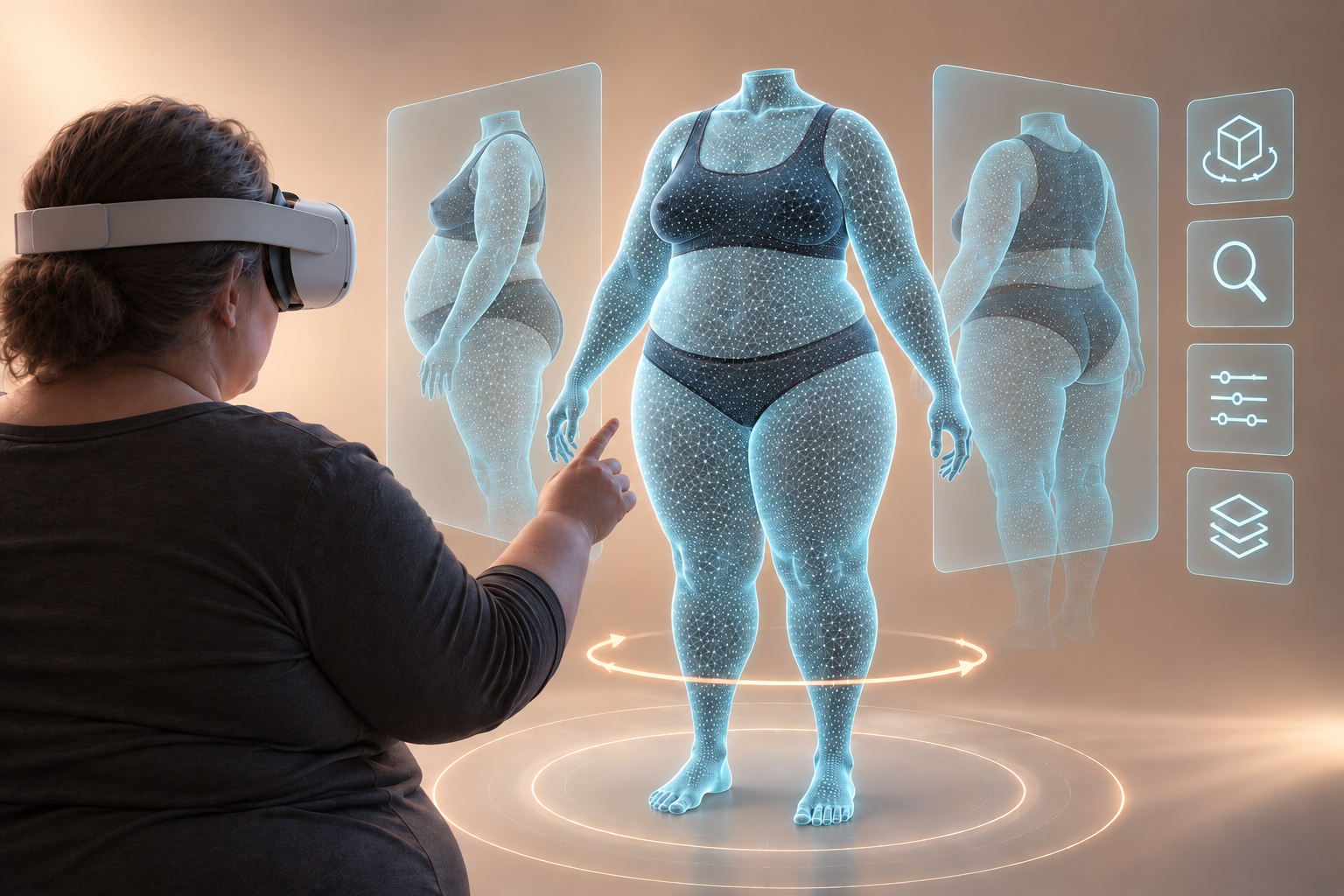 Person using a VR headset to explore a 3D body model from multiple angles